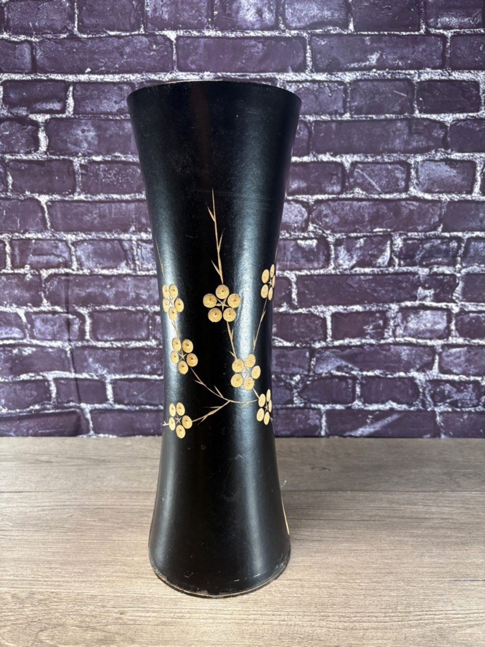 Vintage Black Floral Accent Wooden Vase with Engraved Blossom Design